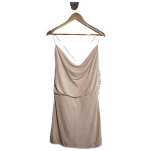 Neutral beige strappy cowl neck mini dress